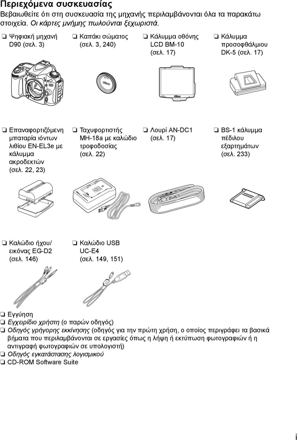 22, 23) Ταχυφορτιστής MH-18a με καλώδιο τροφοδοσίας (σελ. 22) Λουρί AN-DC1 (σελ. 17) BS-1 κάλυμμα πέδιλου εξαρτημάτων (σελ. 233) Καλώδιο ήχου/ εικόνας EG-D2 (σελ. 146) Καλώδιο USB UC-E4 (σελ.