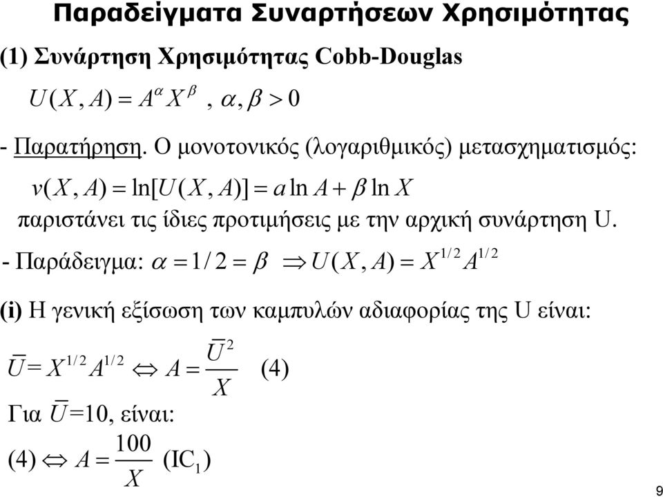 Ο μονοτονικός (λογαριθμικός) μετασχηματισμός: vx (, A) = ln[ UX (, A)] = alna+β ln X παριστάνει τις ίδιες