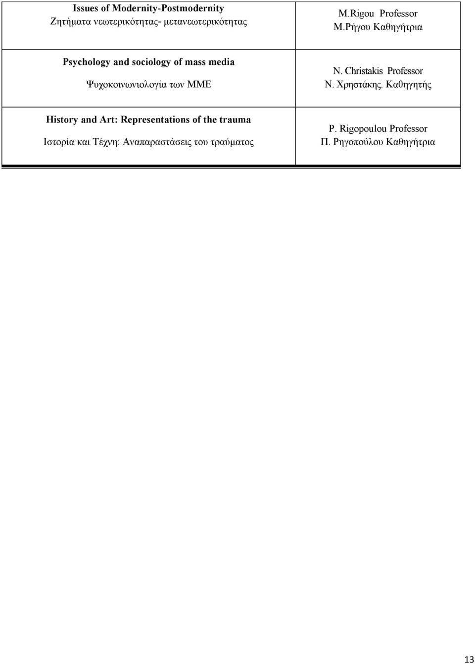 Ρήγου Καθηγήτρια Psychology and sociology of mass media Ψυχοκοινωνιολογία των ΜΜΕ