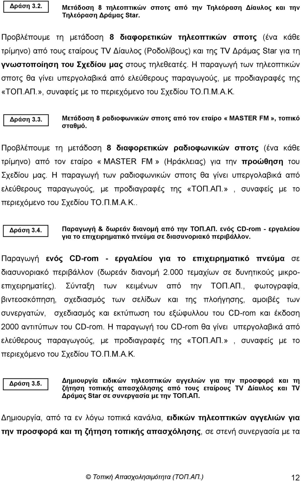 Η παραγωγή των τηλεοπτικών σποτς θα γίνει υπεργολαβικά από ελεύθερους παραγωγούς, µε προδιαγραφές της «ΤΟΠ.ΑΠ.», συναφείς µε το περιεχόµενο του Σχεδίου ΤΟ.Π.Μ.Α.Κ. ράση 3.