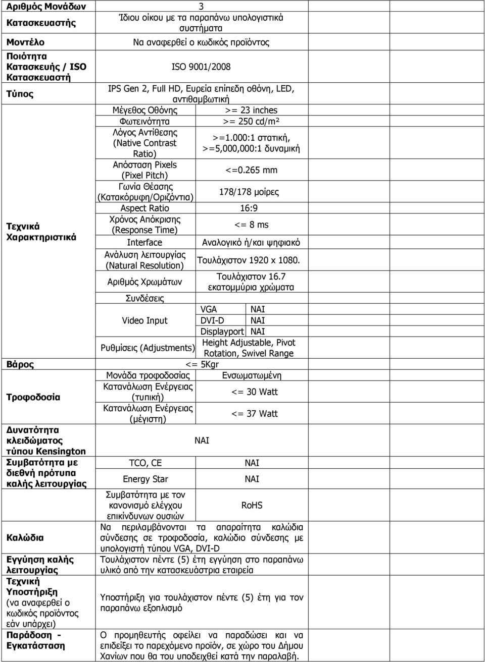 αναφερθεί ο κωδικός προϊόντος ISO 9001/2008 IPS Gen 2, Full HD, Ευρεία επίπεδη οθόνη, LED, αντιθαμβωτική Μέγεθος Οθόνης >= 23 inches Φωτεινότητα >= 250 cd/m² Λόγος Αντίθεσης >=1.