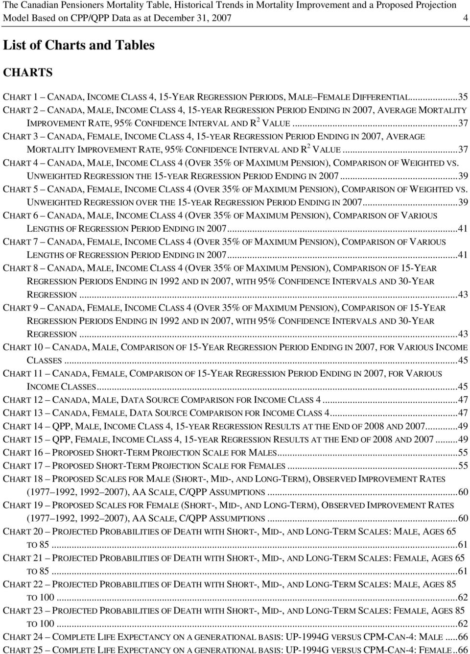 .. 35 CHART 2 CANADA, MALE, INCOME CLASS 4, 15-YEAR REGRESSION PERIOD ENDING IN 2007, AVERAGE MORTALITY IMPROVEMENT RATE, 95% CONFIDENCE INTERVAL AND R 2 VALUE.