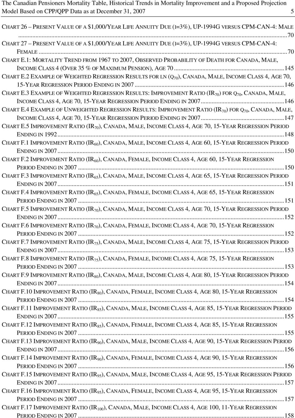 1: MORTALITY TREND FROM 1967 TO 2007, OBSERVED PROBABILITY OF DEATH FOR CANADA, MALE, INCOME CLASS 4 (OVER 35 % OF MAXIMUM PENSION), AGE 70... 145 CHART E.
