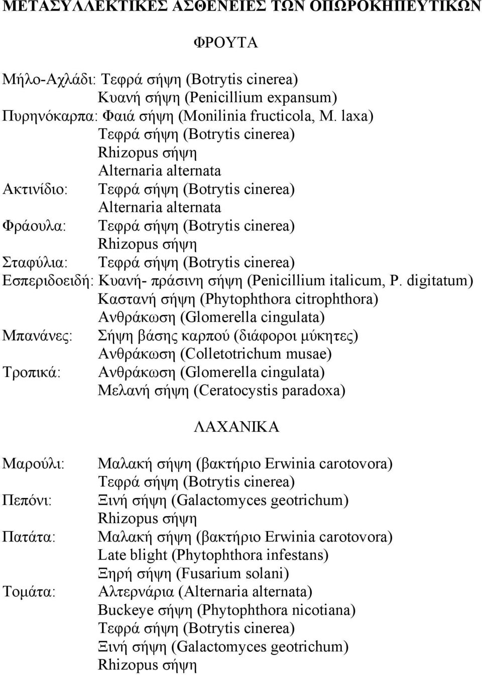 Τεφρά σήψη (Botrytis cinerea) Εσπεριδοειδή: Κυανή- πράσινη σήψη (Penicillium italicum, P.