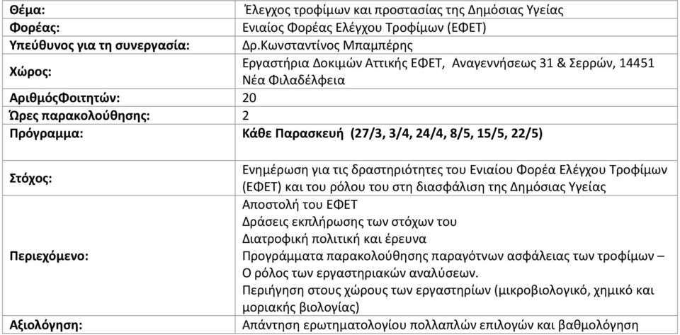 22/5) Ενημέρωση για τις δραστηριότητες του Ενιαίου Φορέα Ελέγχου Τροφίμων (ΕΦΕΤ) και του ρόλου του στη διασφάλιση της Δημόσιας Υγείας Αποστολή του ΕΦΕΤ Δράσεις εκπλήρωσης των στόχων του