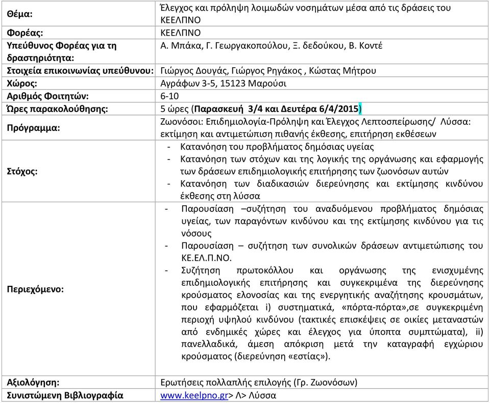 Δευτέρα 6/4/2015) Ζωονόσοι: Επιδημιολογία-Πρόληψη και Έλεγχος Λεπτοσπείρωσης/ Λύσσα: εκτίμηση και αντιμετώπιση πιθανής έκθεσης, επιτήρηση εκθέσεων - Κατανόηση του προβλήματος δημόσιας υγείας -