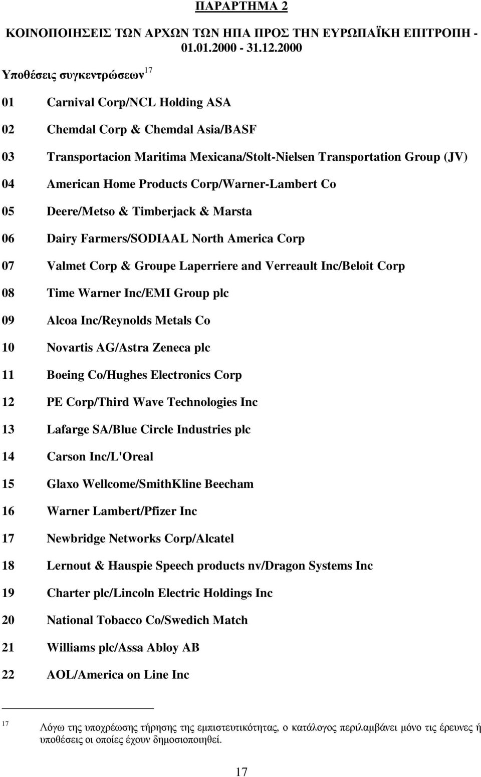 Products Corp/Warner-Lambert Co 05 Deere/Metso & Timberjack & Marsta 06 Dairy Farmers/SODIAAL North America Corp 07 Valmet Corp & Groupe Laperriere and Verreault Inc/Beloit Corp 08 Time Warner