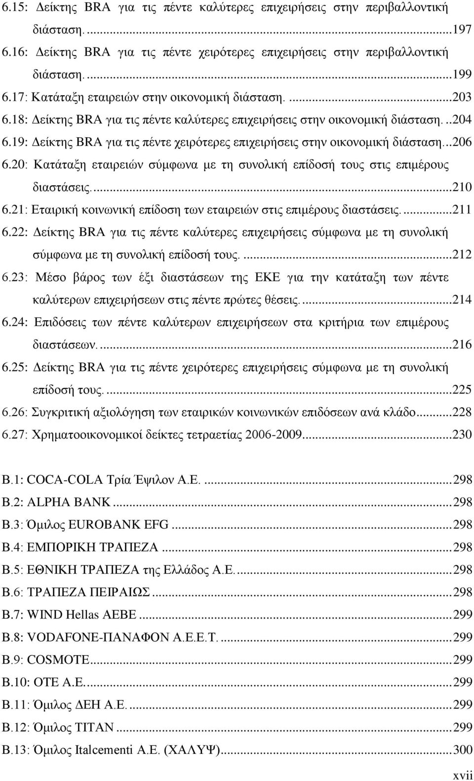 19: Δείκτης BRA για τις πέντε χειρότερες επιχειρήσεις στην οικονομική διάσταση... 206 6.20: Κατάταξη εταιρειών σύμφωνα με τη συνολική επίδοσή τους στις επιμέρους διαστάσεις.... 210 6.