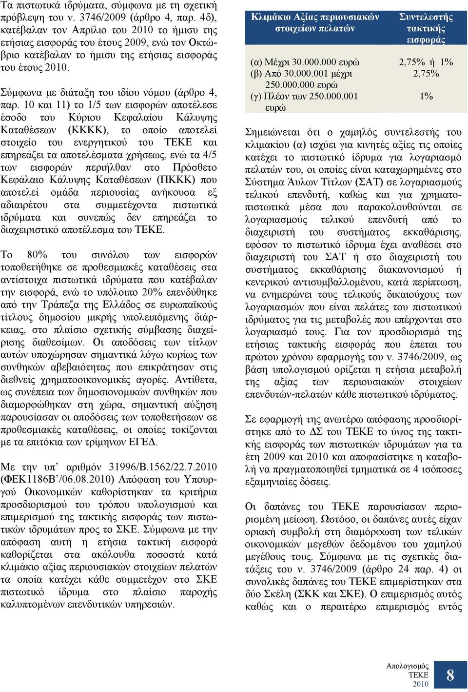 10 και 11) το 1/5 των εισφορών αποτέλεσε έσοδο του Κύριου Κεφαλαίου Κάλυψης Καταθέσεων (ΚΚΚΚ), το οποίο αποτελεί στοιχείο του ενεργητικού του και επηρεάζει τα αποτελέσματα χρήσεως, ενώ τα 4/5 των