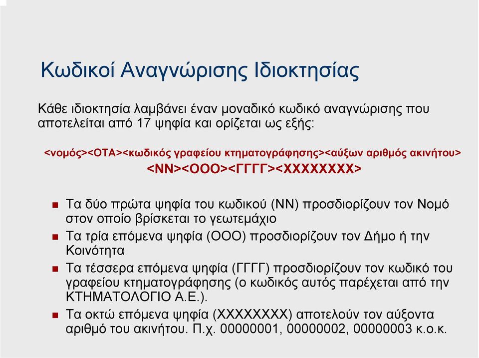 γεωτεµάχιο Τα τρία επόµενα ψηφία (ΟΟΟ) προσδιορίζουν τον ήµο ήτην Κοινότητα Τα τέσσερα επόµενα ψηφία (ΓΓΓΓ) προσδιορίζουν τον κωδικό του γραφείου κτηµατογράφησης