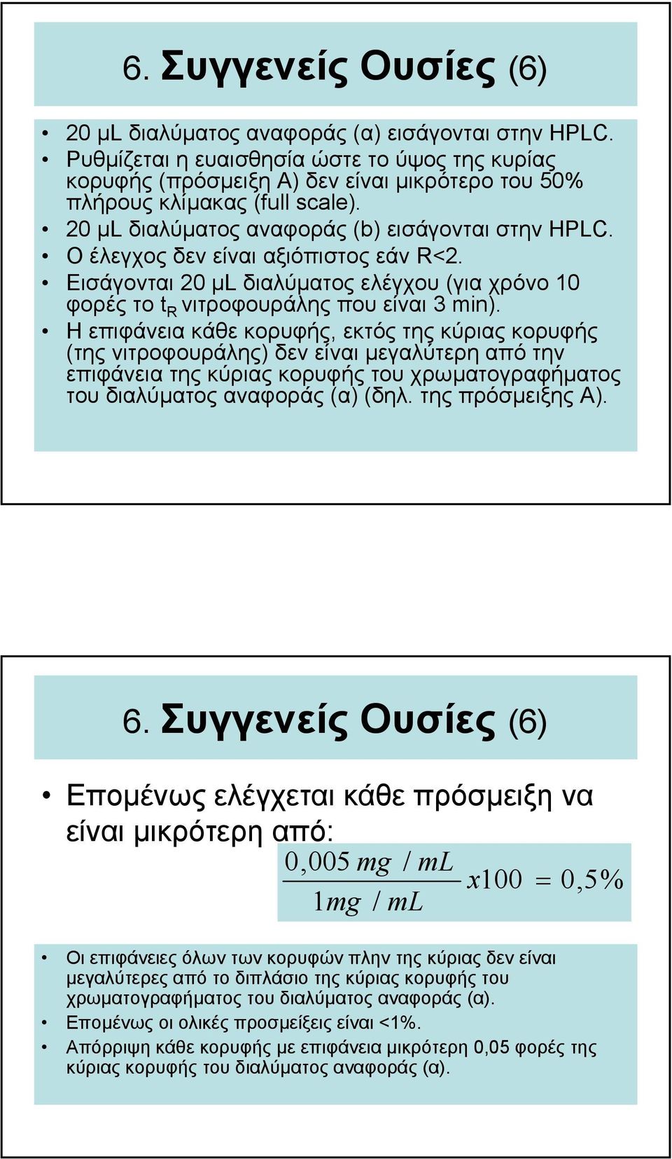 Ο έλεγχος δεν είναι αξιόπιστος εάν R<2. Εισάγονται 20 µl διαλύµατος ελέγχου (για χρόνο 10 φορές το t R νιτροφουράλης που είναι 3 min).