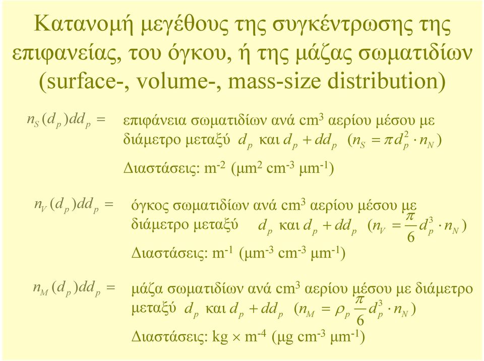 dp) ddp = όγκος σωµατιδίων ανά cm 3 αερίου µέσου µε π 3 διάµετρο µεταξύ dp και dp + ddp ( nv = dp nn) 6 ιαστάσεις: m -1 (µm -3 cm -3 µm -1 )