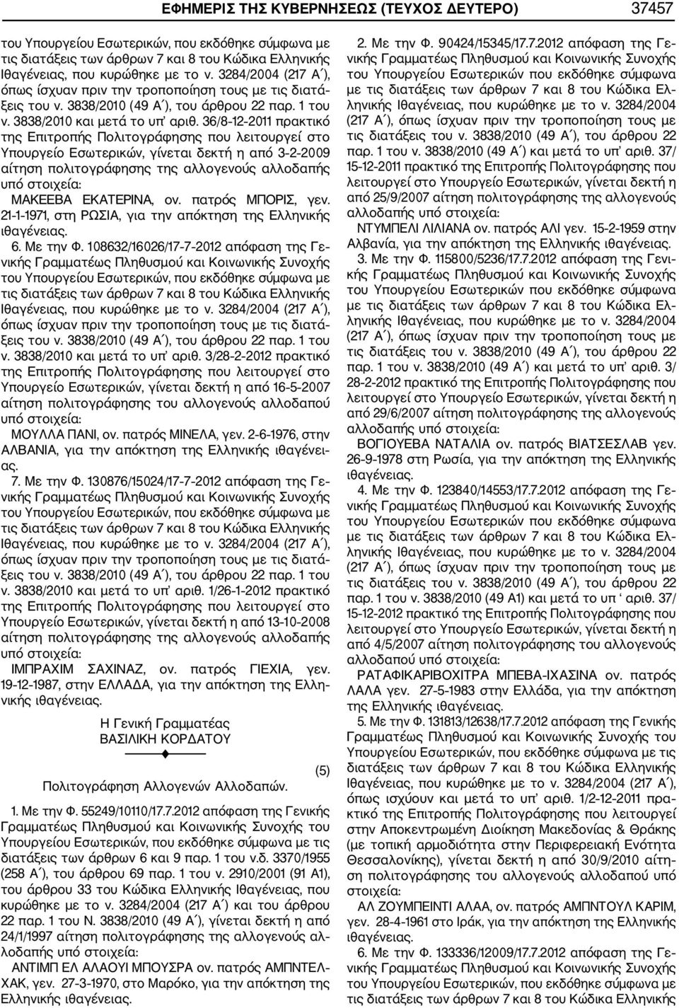 3/28 2 2012 πρακτικό Υπουργείο Εσωτερικών, γίνεται δεκτή η από 16 5 2007 ΜΟΥΛΛΑ ΠΑΝΙ, ον. πατρός ΜΙΝΕΛΑ, γεν. 2 6 1976, στην ΑΛΒΑΝΙΑ, για την απόκτηση της Ελληνικής ιθαγένει ας. 7. Με την Φ.