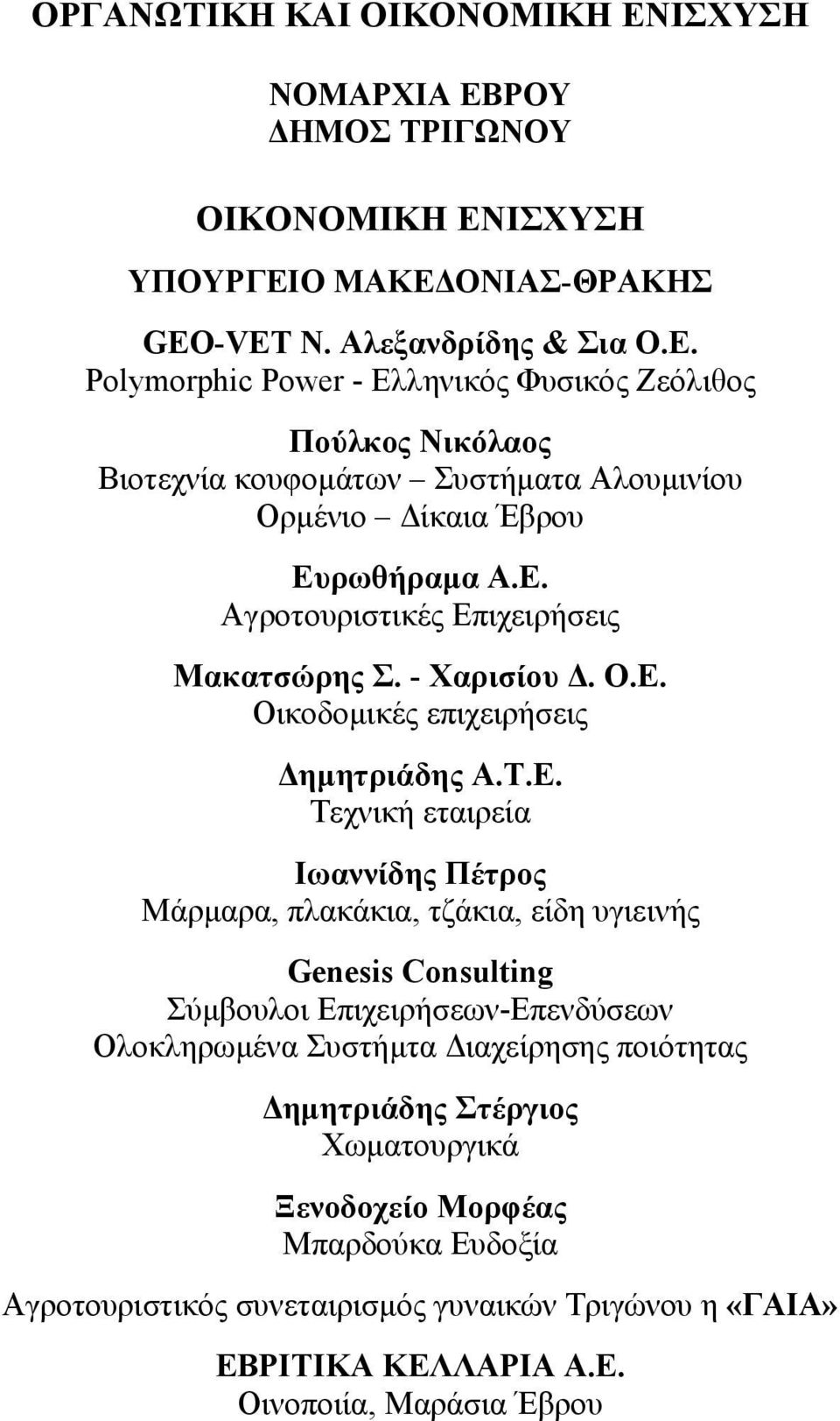 Genesis Consulting Σύµβουλοι Επιχειρήσεων-Επενδύσεων Ολοκληρωµένα Συστήµτα ιαχείρησης ποιότητας ηµητριάδης Στέργιος Χωµατουργικά Ξενοδοχείο Μορφέας Μπαρδούκα Ευδοξία Αγροτουριστικός