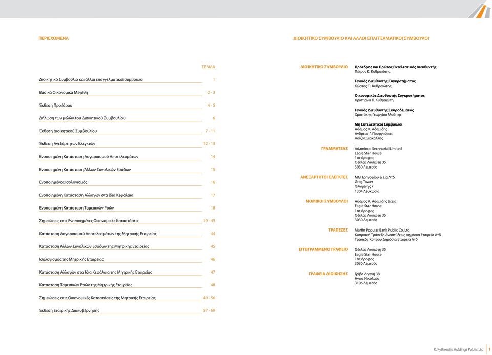 Ενοποιημένος Ισολογισμός 16 Ενοποιημένη Κατάσταση Αλλαγών στα ίδια Κεφάλαια 17 Ενοποιημένη Κατάσταση Ταμειακών Ροών 18 Σημειώσεις στις Ενοποιημένες Οικονομικές Καταστάσεις 19-43 ΔΙΟΙΚΗΤΙΚΟ ΣΥΜΒΟΥΛΙΟ