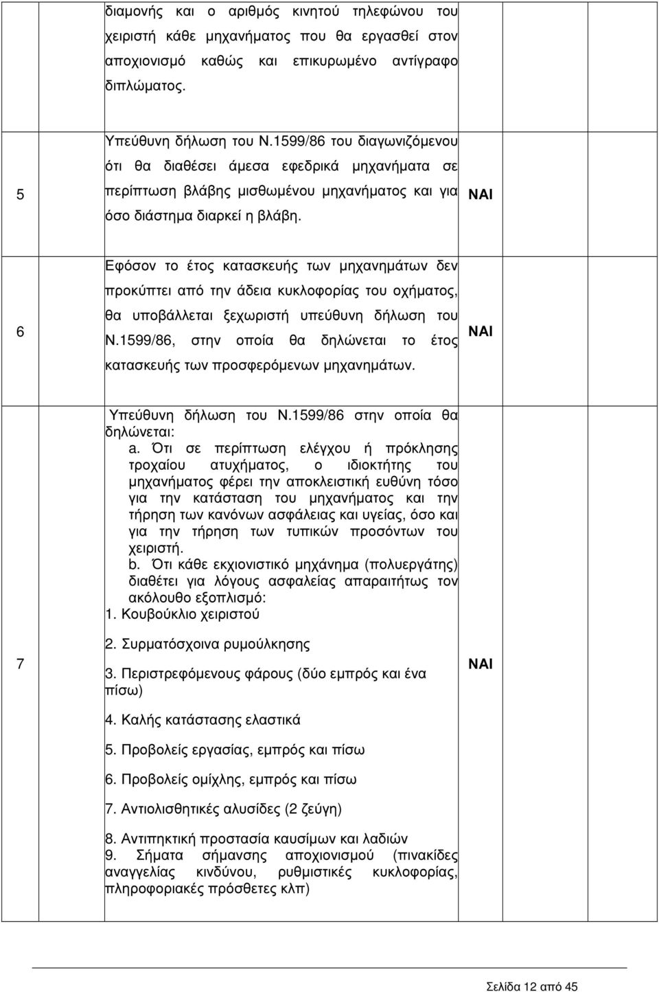 ΝΑΙ 6 Εφόσον το έτος κατασκευής των µηχανηµάτων δεν προκύπτει από την άδεια κυκλοφορίας του οχήµατος, θα υποβάλλεται ξεχωριστή υπεύθυνη δήλωση του Ν.