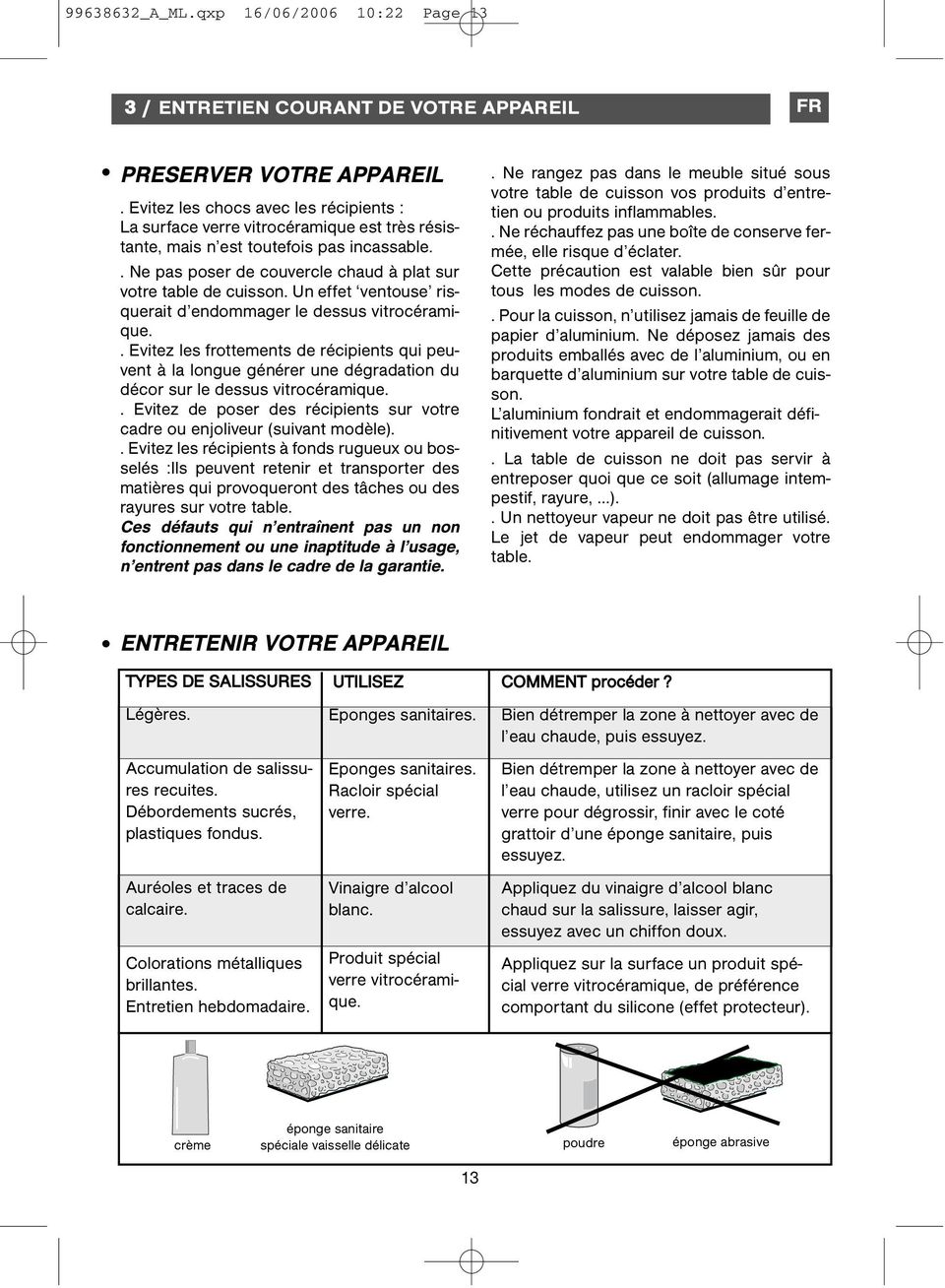 Un effet ventouse risquerait d endommager le dessus vitrocéramique.. Evitez les frottements de récipients qui peuvent à la longue générer une dégradation du décor sur le dessus vitrocéramique.