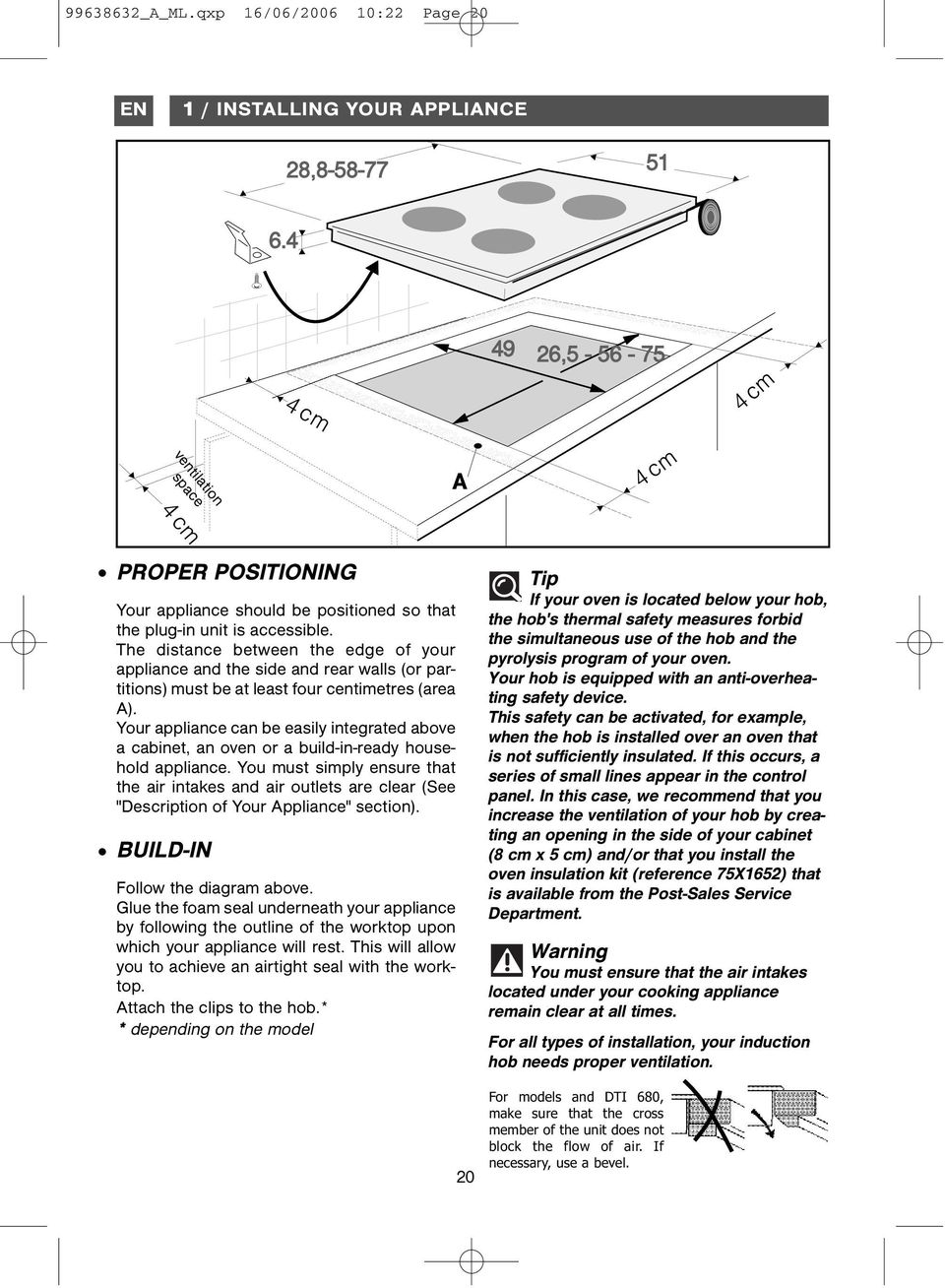 The distance between the edge of your appliance and the side and rear walls (or partitions) must be at least four centimetres (area A).