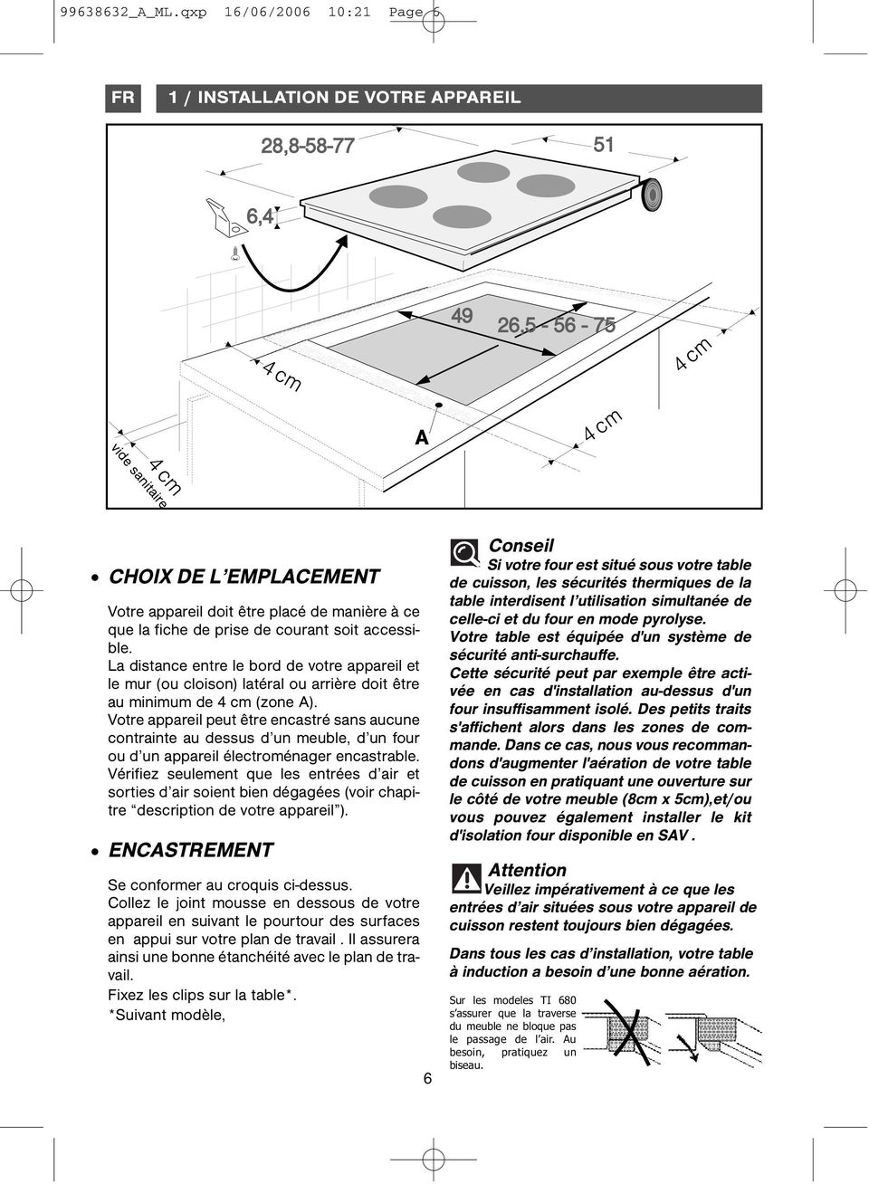 manière à ce que la fiche de prise de courant soit accessible. La distance entre le bord de votre appareil et le mur (ou cloison) latéral ou arrière doit être au minimum de 4 cm (zone A).