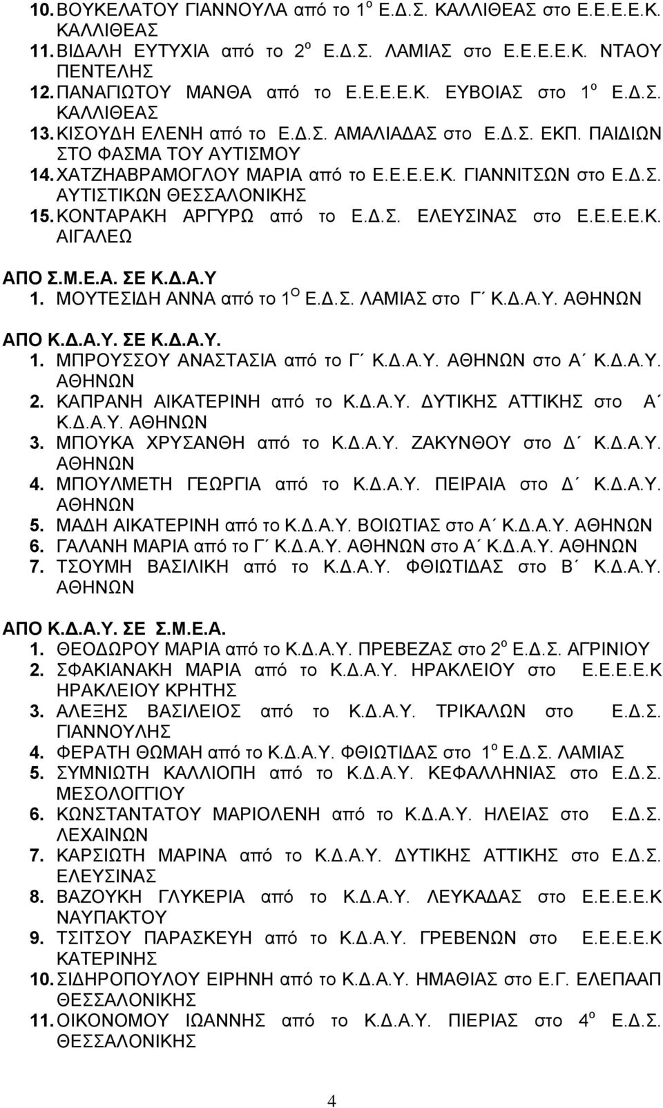 ΚΟΝΤΑΡΑΚΗ ΑΡΓΥΡΩ από το Ε.Δ.Σ. ΕΛΕΥΣΙΝΑΣ στο Ε.Ε.Ε.Ε.Κ. ΑΙΓΑΛΕΩ ΑΠΟ Σ.Μ.Ε.Α. ΣΕ Κ.Δ.Α.Υ 1. ΜΟΥΤΕΣΙΔΗ ΑΝΝΑ από το 1 Ο Ε.Δ.Σ. ΛΑΜΙΑΣ στο Γ Κ.Δ.Α.Υ. ΑΠΟ Κ.Δ.Α.Υ. ΣΕ Κ.Δ.Α.Υ. 1. ΜΠΡΟΥΣΣΟΥ ΑΝΑΣΤΑΣΙΑ από το Γ Κ.