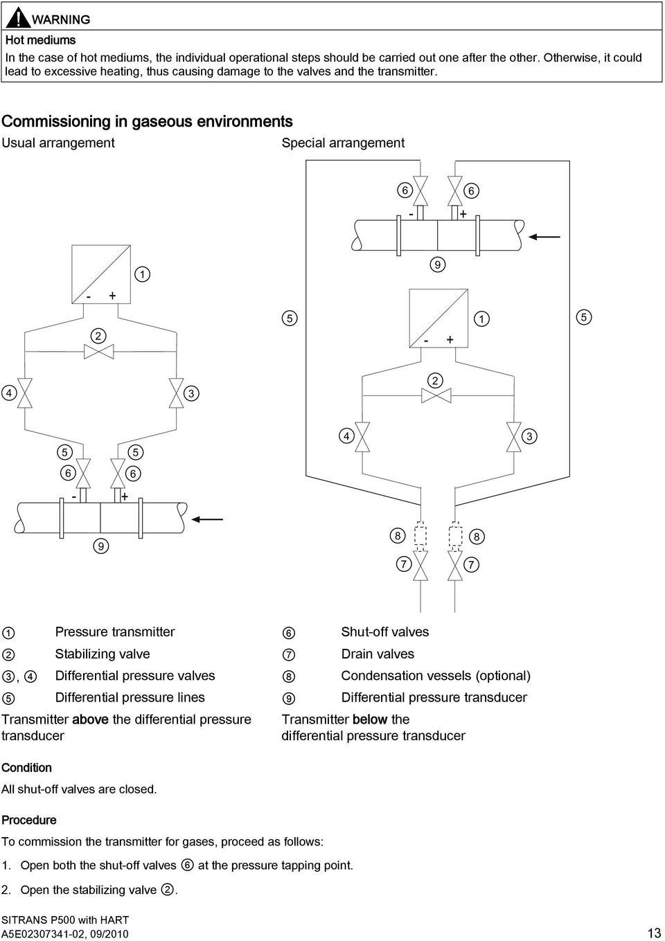 Commissioning in gaseous environments Usual arrangement Special arrangement 1 Pressure transmitter 6 Shut-off valves 2 Stabilizing valve 7 Drain valves 3, 4 Differential pressure valves 8