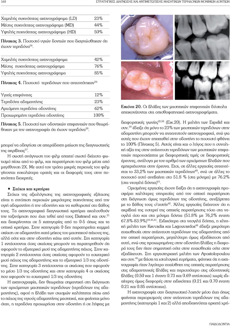 Ποσοστό τερηδόνων που ανιχνεύτηκαν 56. Υγιείς επιφάνειες 12% Τερηδόνα αδαμαντίνης 23% Αρχόμενη τερηδόνα οδοντίνης 62% Προχωρημένη τερηδόνα οδοντίνης 100% Πίνακας 5.