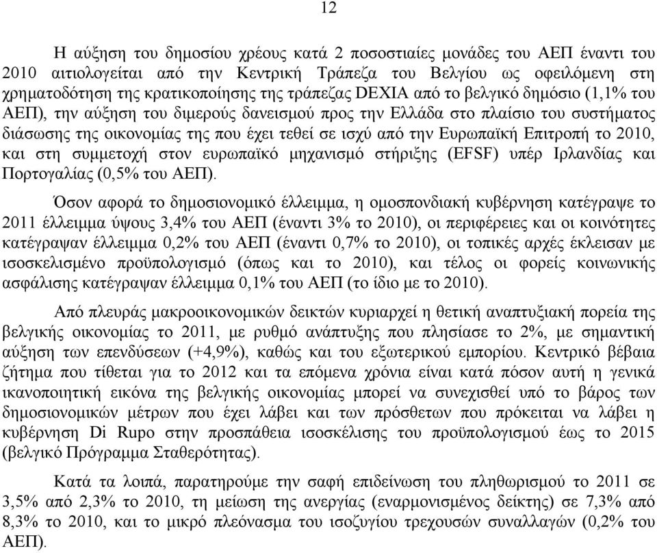 το 2010, και στη συμμετοχή στον ευρωπαϊκό μηχανισμό στήριξης (EFSF) υπέρ Ιρλανδίας και Πορτογαλίας (0,5% του ΑΕΠ).