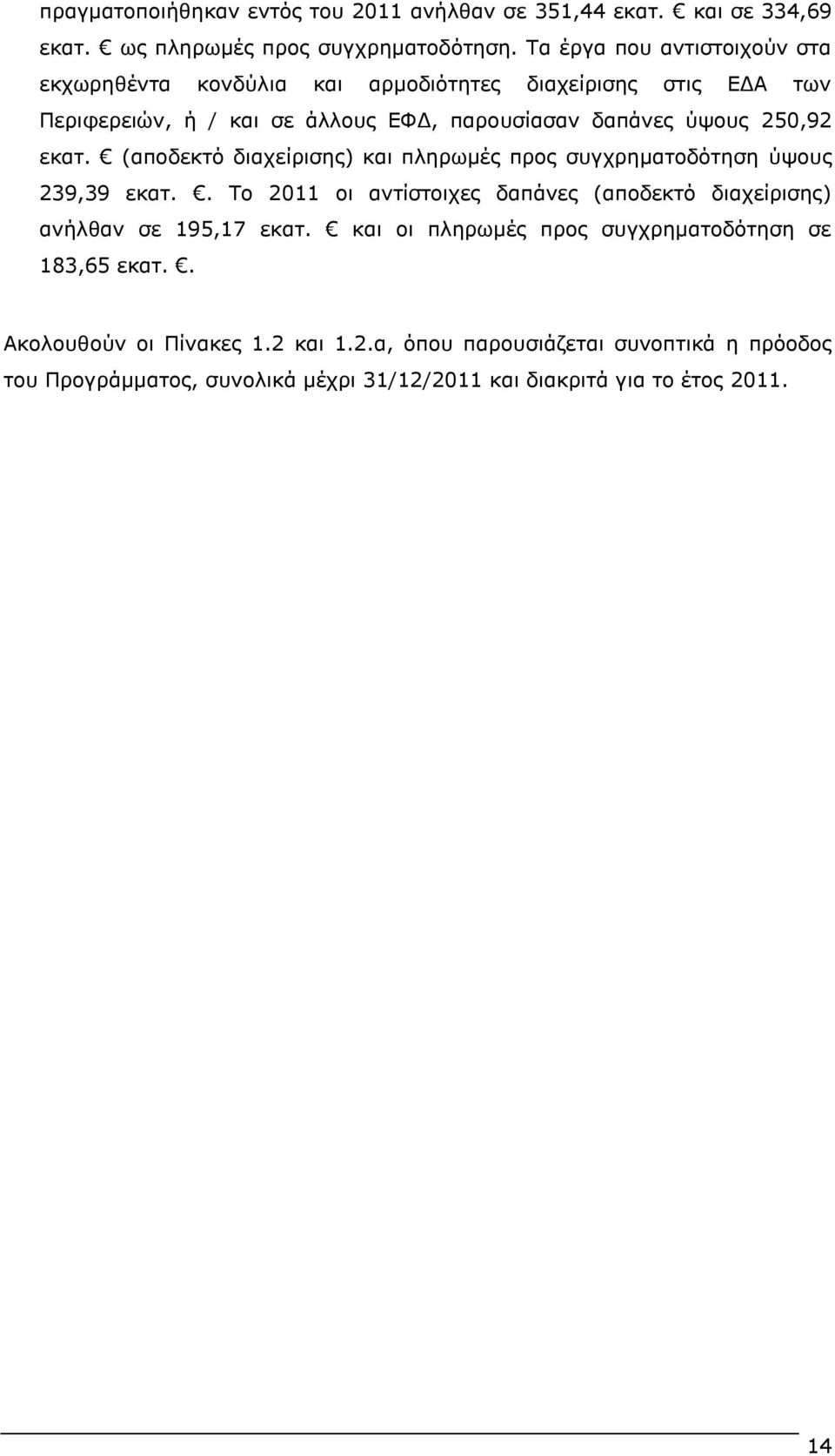 εθαη. (απνδεθηφ δηαρείξηζεο) θαη πιεξσκέο πξνο ζπγρξεκαηνδφηεζε χςνπο 239,39 εθαη.. Ρν 2011 νη αληίζηνηρεο δαπάλεο (απνδεθηφ δηαρείξηζεο) αλήιζαλ ζε 195,17 εθαη.