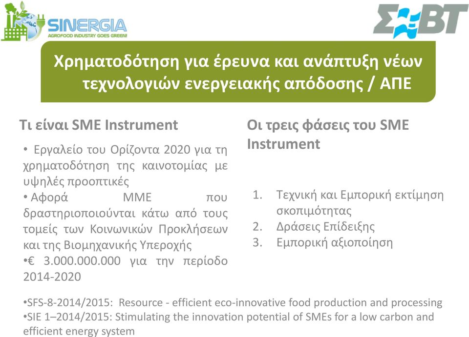 000.000 για τθν περίοδο 2014-2020 Οι τρεισ φάςεισ του SME Instrument 1. Tεχνικι και Εμπορικι εκτίμθςθ ςκοπιμότθτασ 2. Δράςεισ Επίδειξθσ 3.