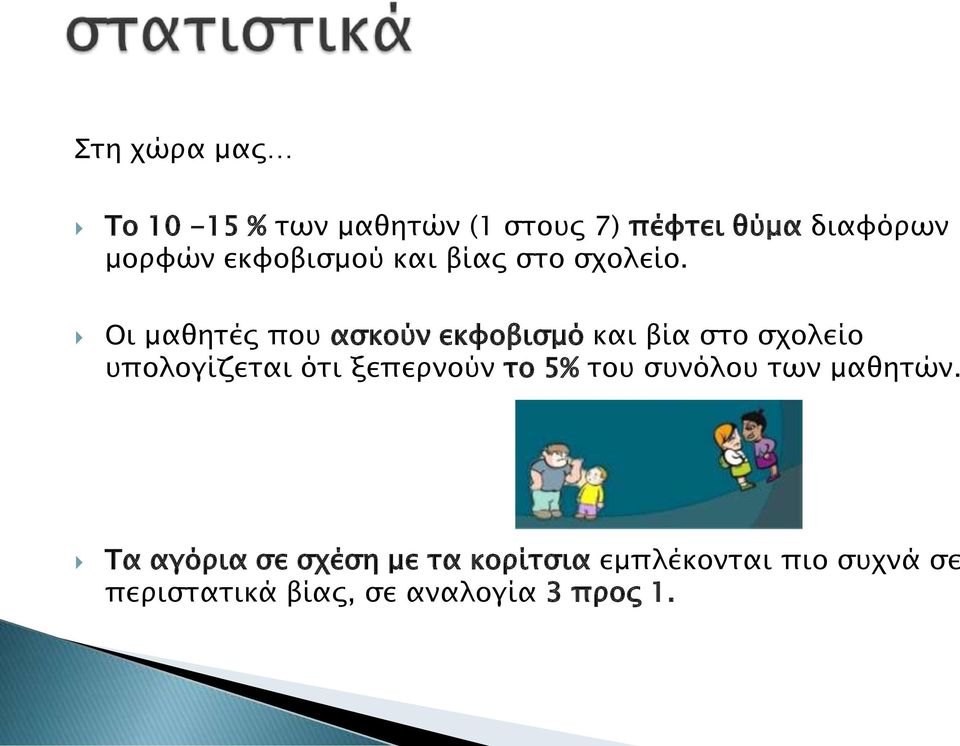 Οι μαθητές που ασκούν εκφοβισμό και βία στο σχολείο υπολογίζεται ότι ξεπερνούν