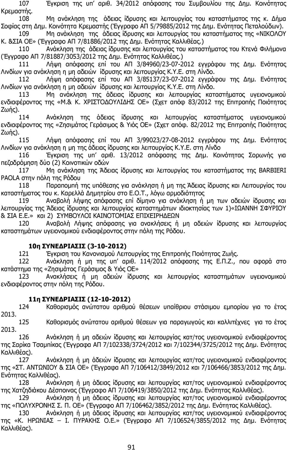 Ενότητας Καλλιθέας.) 110 Ανάκληση της άδειας ίδρυσης και λειτουργίας του καταστήµατος του Κτενά Φιλήµονα (Έγγραφο ΑΠ 7/81887/3053/2012 της ηµ. Ενότητας Καλλιθέας.