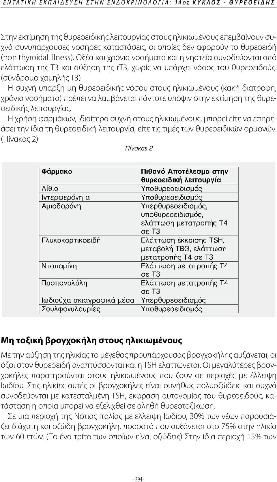 (σύνδρομο χαμηλής Τ3) Η συχνή ύπαρξη μη θυρεοειδικής νόσου στους ηλικιωμένους (κακή διατροφή, χρόνια νοσήματα) πρέπει να λαμβάνεται πάντοτε υπόψιν στην εκτίμηση της θυρεοειδικής λειτουργίας.