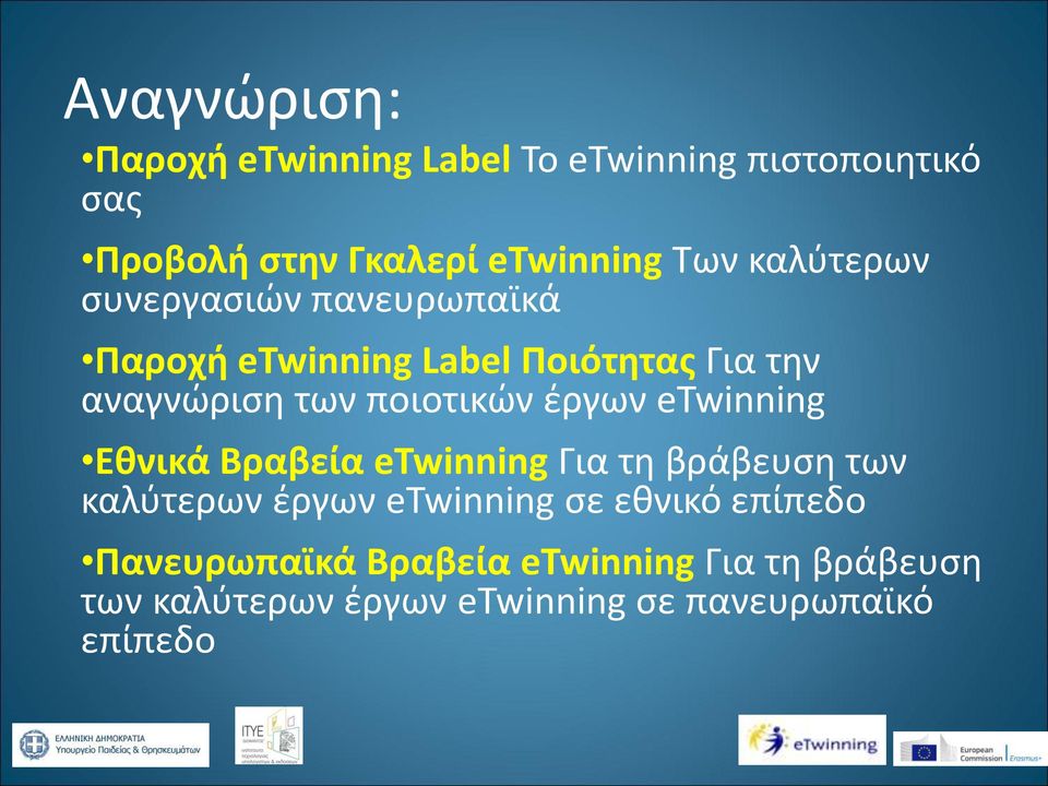 έργων etwinning Εθνικά Βραβεία etwinning Για τη βράβευση των καλύτερων έργων etwinning σε εθνικό