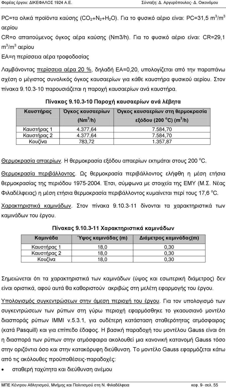 καυσαερίων για κάθε καυστήρα φυσικού αερίου. Στον πίνακα 9.10.3-10 παρουσιάζεται η παροχή καυσαερίων ανά καυστήρα. Καυστήρας Πίνακας 9.10.3-10 Παροχή καυσαερίων ανά λέβητα Όγκος καυσαερίων (Νm 3 /h) Όγκος καυσαερίων στη θερμοκρασία εξόδου (200 o C) (m 3 /h) Καυστήρας 1 4.