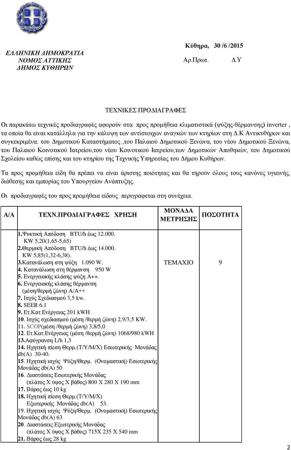 Υ 22870 21380 TEXNIKEΣ ΠΡΟΔΙΑΓΡΑΦΕΣ Οι παρακάτω τεχνικές προδιαγραφές αφορούν στα προς προμήθεια κλιματιστικά (ψύξης-θέρμανσης) inverter, τα οποία θα είναι κατάλληλα για την κάλυψη των αντίστοιχων