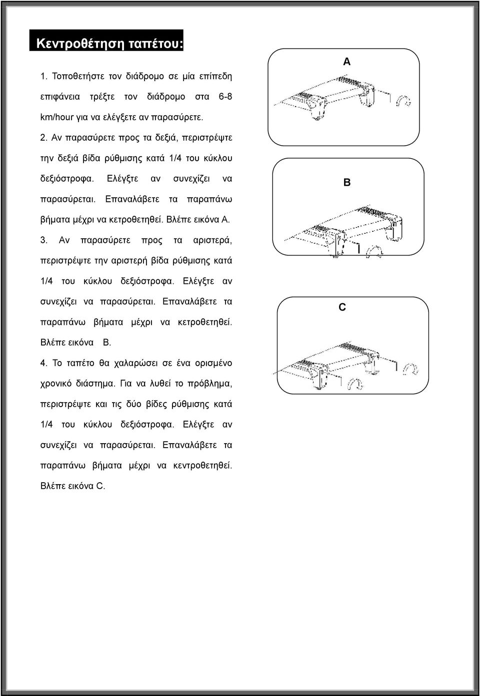 Βλέπε εικόνα A. 3. Αν παρασύρετε προς τα αριστερά, περιστρέψτε την αριστερή βίδα ρύθμισης κατά 1/4 του κύκλου δεξιόστροφα. Ελέγξτε αν συνεχίζει να παρασύρεται.