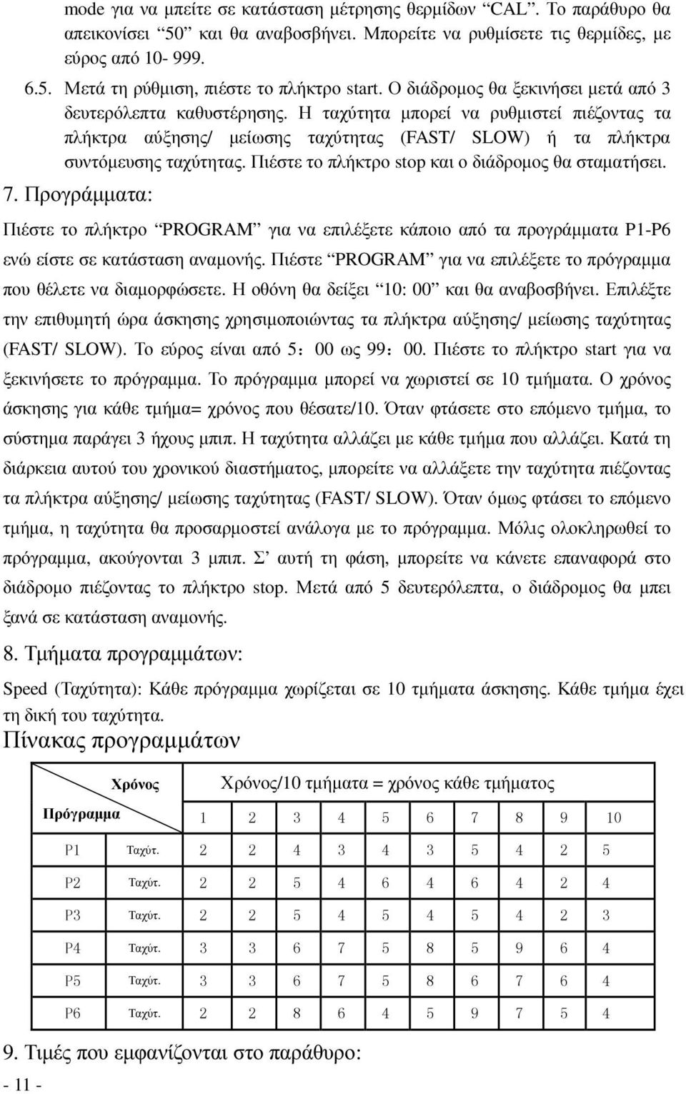 Πιέστε το πλήκτρο stop και ο διάδροµος θα σταµατήσει. 7. Προγράµµατα: Πιέστε το πλήκτρο PROGRAM για να επιλέξετε κάποιο από τα προγράµµατα P1-P6 ενώ είστε σε κατάσταση αναµονής.