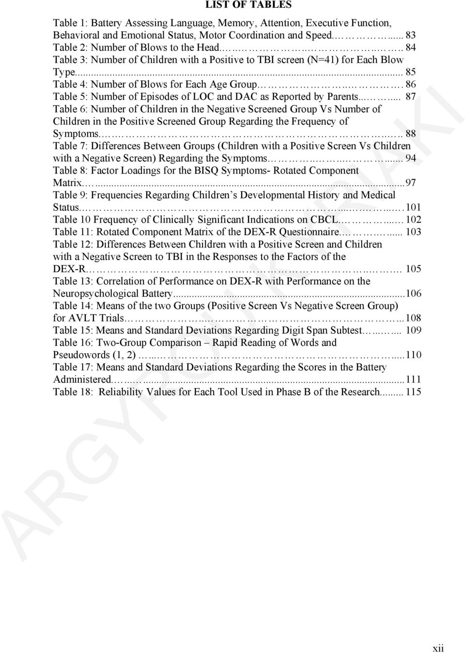 .. 86 Table 5: Number of Episodes of LOC and DAC as Reported by Parents.