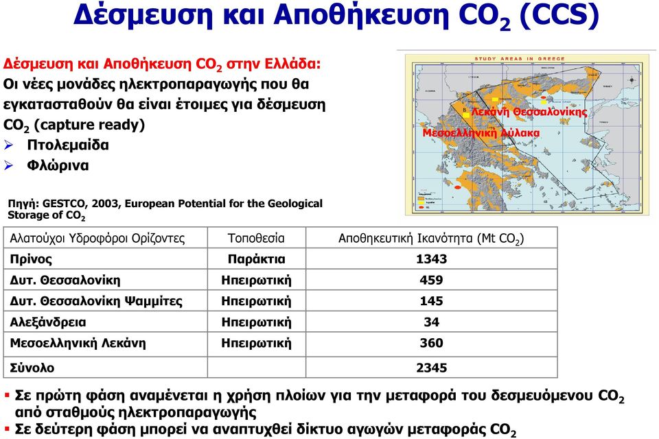 Αποθηκευτική Ικανότητα (Mt CO 2 ) Πρίνος Παράκτια 1343 Δυτ. Θεσσαλονίκη Ηπειρωτική 459 Δυτ.