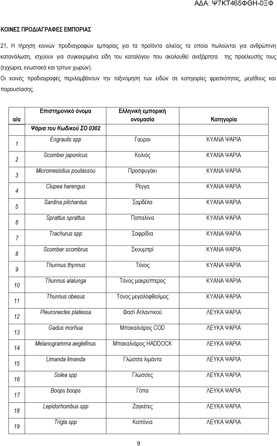 (εγχώρια, ενωσιακά και τρίτων χωρών). Οι κοινές προδιαγραφές περιλαμβάνουν την ταξινόμηση των ειδών σε κατηγορίες φρεσκότητας, μεγέθους και παρουσίασης.