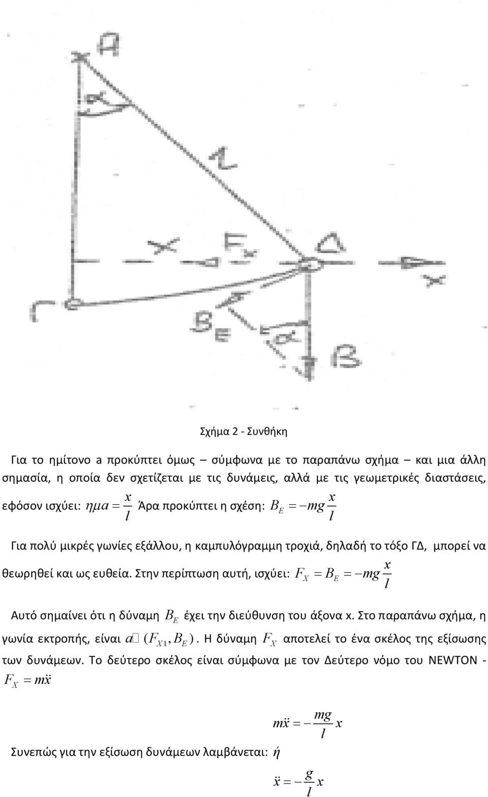 Στην περίπτωση αυτή, ισχύει: FX BE mg l Αυτό σημαίνει ότι η δύναμη BE έχει την διεύθυνση του άξονα x. Στο παραπάνω σχήμα, η γωνία εκτροπής, είναι a ( FX 1, BE ).