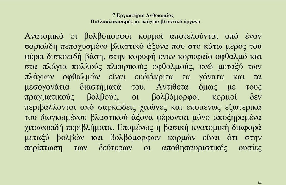 Αντίθετα όμως με τους πραγματικούς βολβούς, οι βολβόμορφοι κορμοί δεν περιβάλλονται από σαρκώδεις χιτώνες και επομένως εξωτερικά του διογκωμένου βλαστικού άξονα