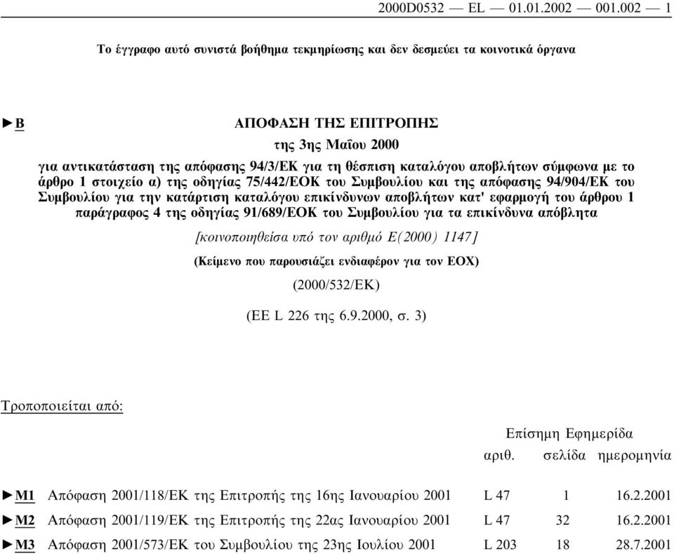 αποβλήτων σύµφωνα µε το άρθρο 1 στοιχείο α) της οδηγίας 75/442/ΕΟΚ του Συµβουλίου και της απόφασης 94/904/ΕΚ του Συµβουλίου για την κατάρτιση καταλόγου επικίνδυνων αποβλήτων κατ' εφαρµογή του άρθρου