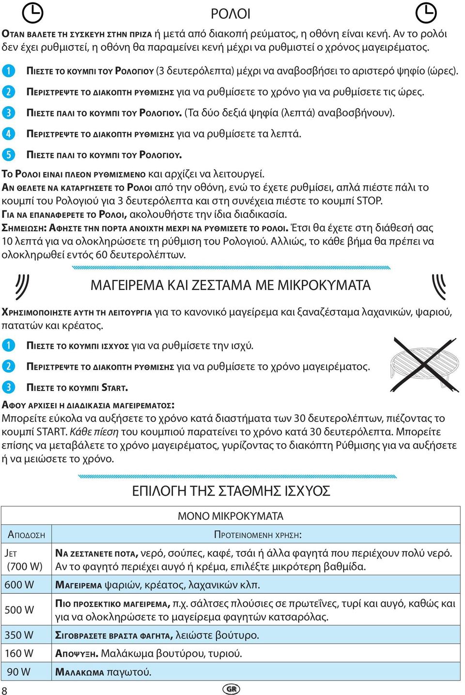 ΡΟΛΟΙ ΟΤΑΝ ΒΑΛΕΤΕ ΤΗ ΣΥΣΚΕΥΗ ΣΤΗΝ ΠΡΙΖΑ ή μετά από διακοπή ρεύματος, η οθόνη είναι κενή. Αν το ρολόι δεν έχει ρυθμιστεί, η οθόνη θα παραμείνει κενή μέχρι να ρυθμιστεί ο χρόνος μαγειρέματος.