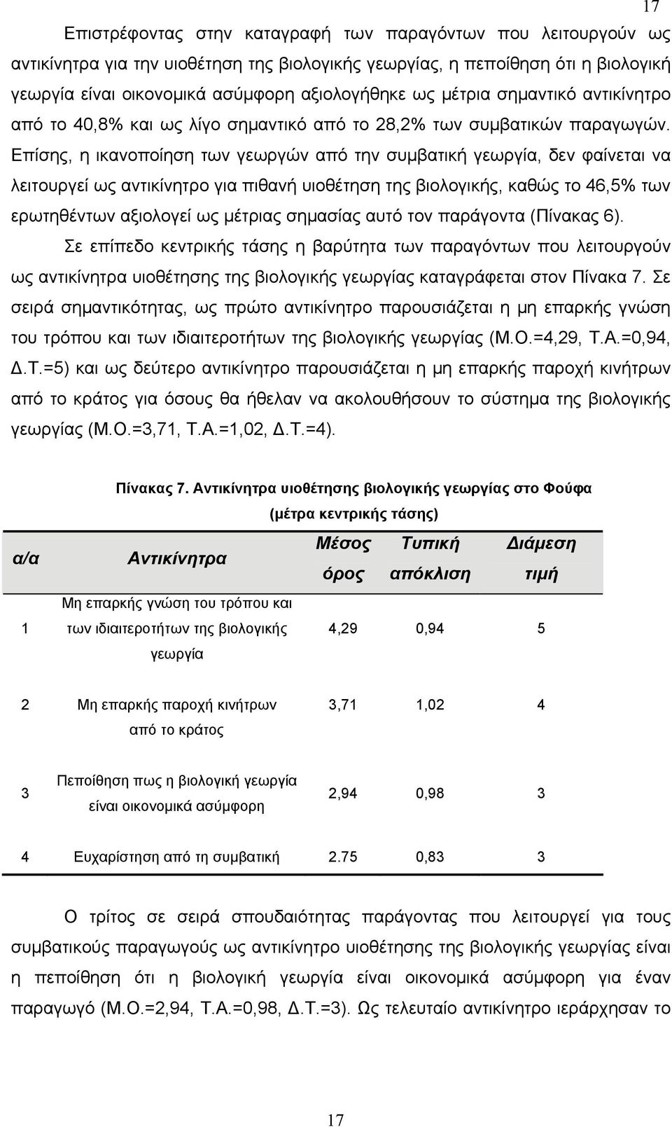 Επίσης, η ικανοποίηση των γεωργών από την συμβατική γεωργία, δεν φαίνεται να λειτουργεί ως αντικίνητρο για πιθανή υιοθέτηση της βιολογικής, καθώς το 46,5% των ερωτηθέντων αξιολογεί ως μέτριας