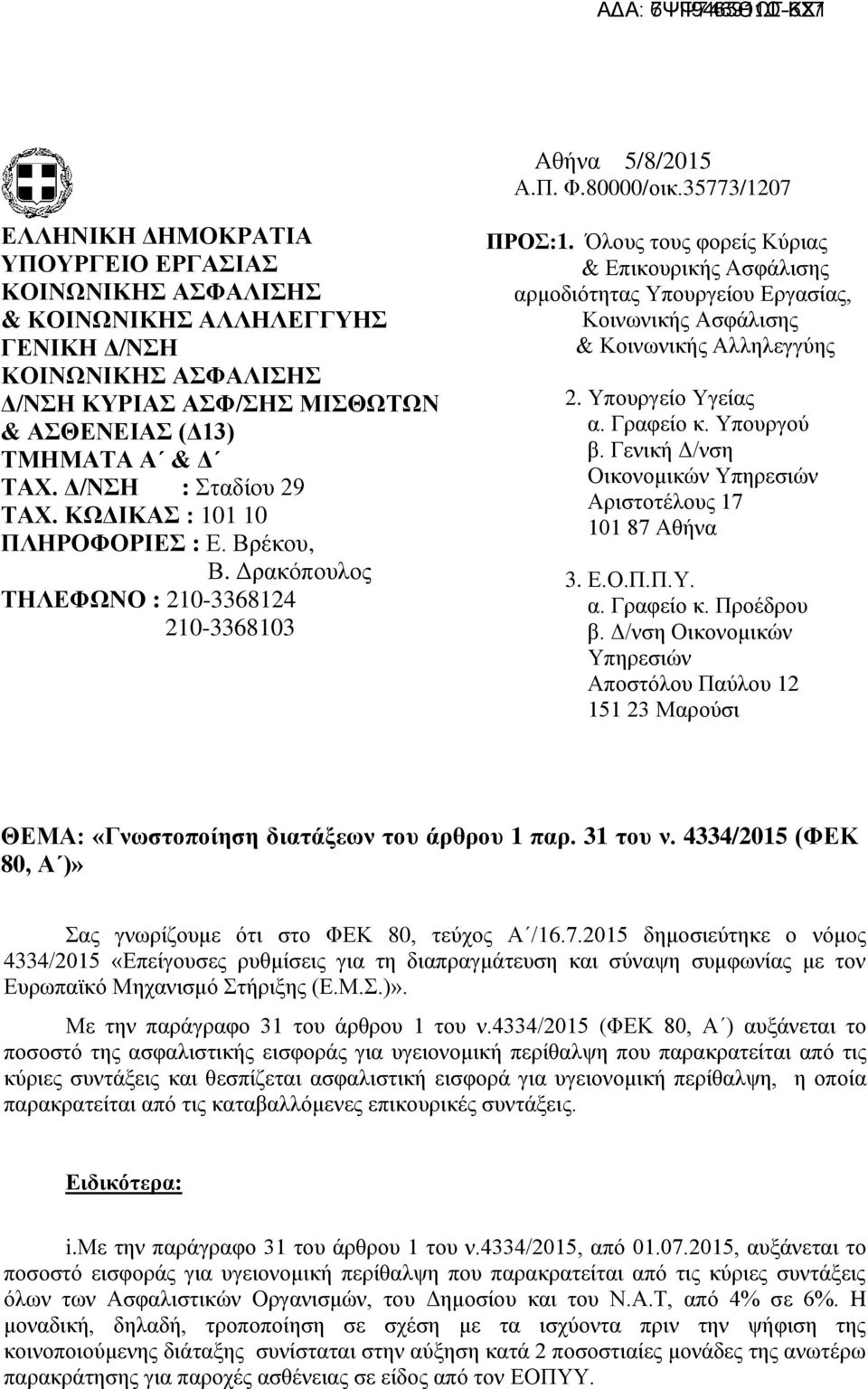 Δ/ΝΣΗ : Σταδίου 29 ΤΑΧ. ΚΩΔΙΚΑΣ : 101 10 ΠΛΗΡΟΦΟΡΙΕΣ : Ε. Βρέκου, Β. Δρακόπουλος ΤΗΛΕΦΩΝΟ : 210-3368124 210-3368103 ΠΡΟΣ:1.