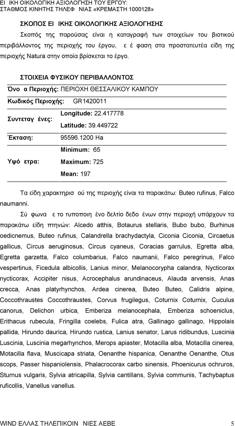 1200 Ηa Minimum: 65 Υψόμετρα: Maximum: 725 Mean: 197 Τα είδη χαρακτηρισμού της περιοχής είναι τα παρακάτω: Buteo rufinus, Falco naumanni.