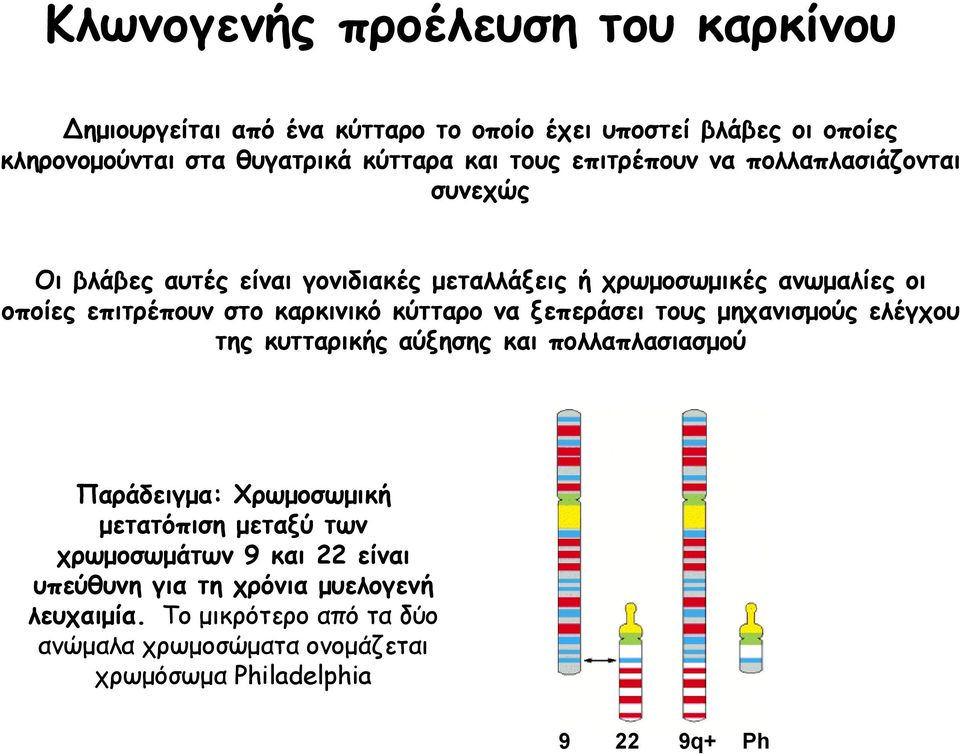 κύτταρο να ξεπεράσει τους μηχανισμούς ελέγχου της κυτταρικής αύξησης και πολλαπλασιασμού Παράδειγμα: Χρωμοσωμική μετατόπιση μεταξύ των χρωμοσωμάτων