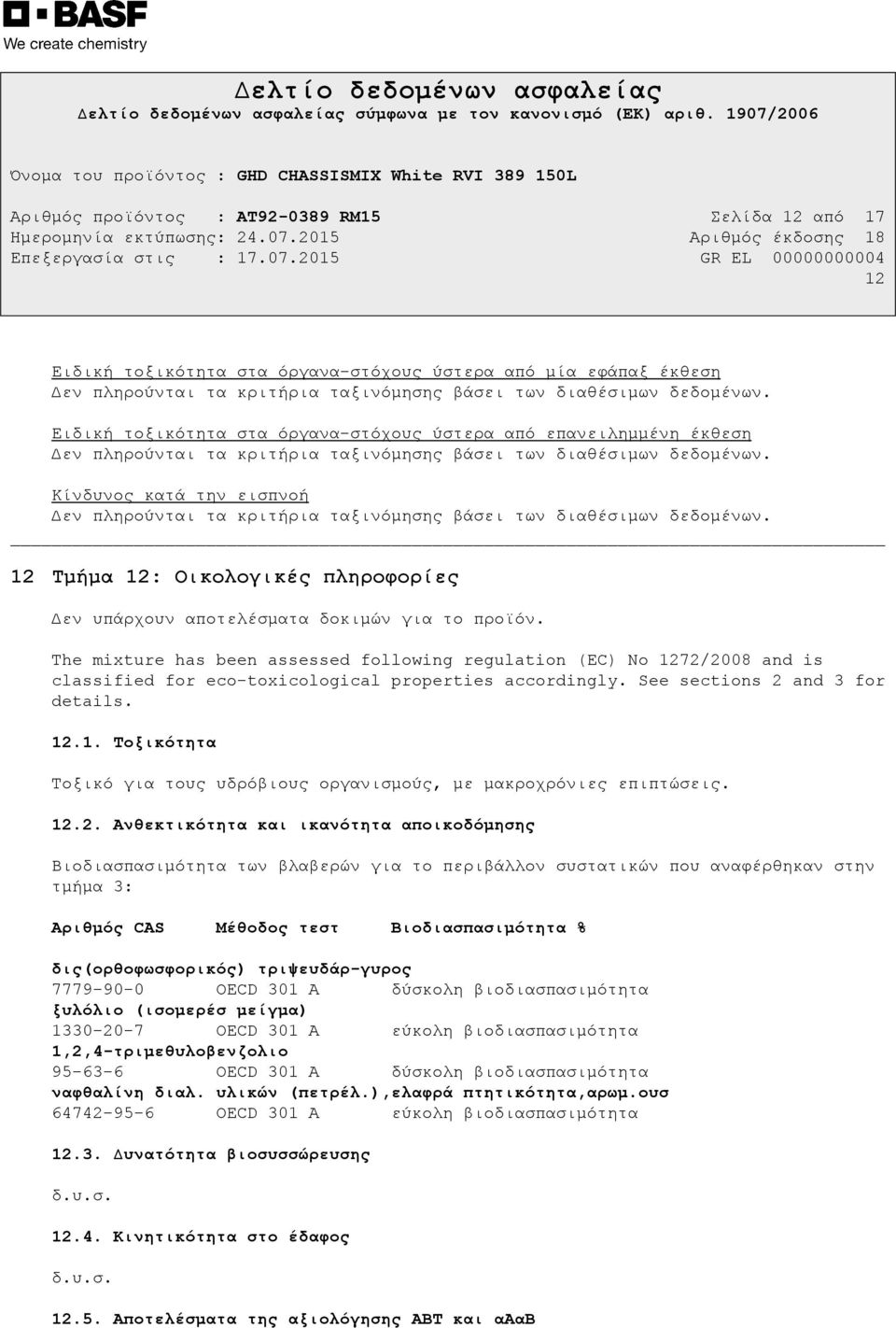 The mixture has been assessed following regulation (EC) No 1272/2008 and is classified for eco-toxicological properties accordingly. See sections 2 and 3 for details. 12.1. Τοξικότητα Τοξικό για τους υδρόβιους οργανισµούς, µε µακροχρόνιες επιπτώσεις.