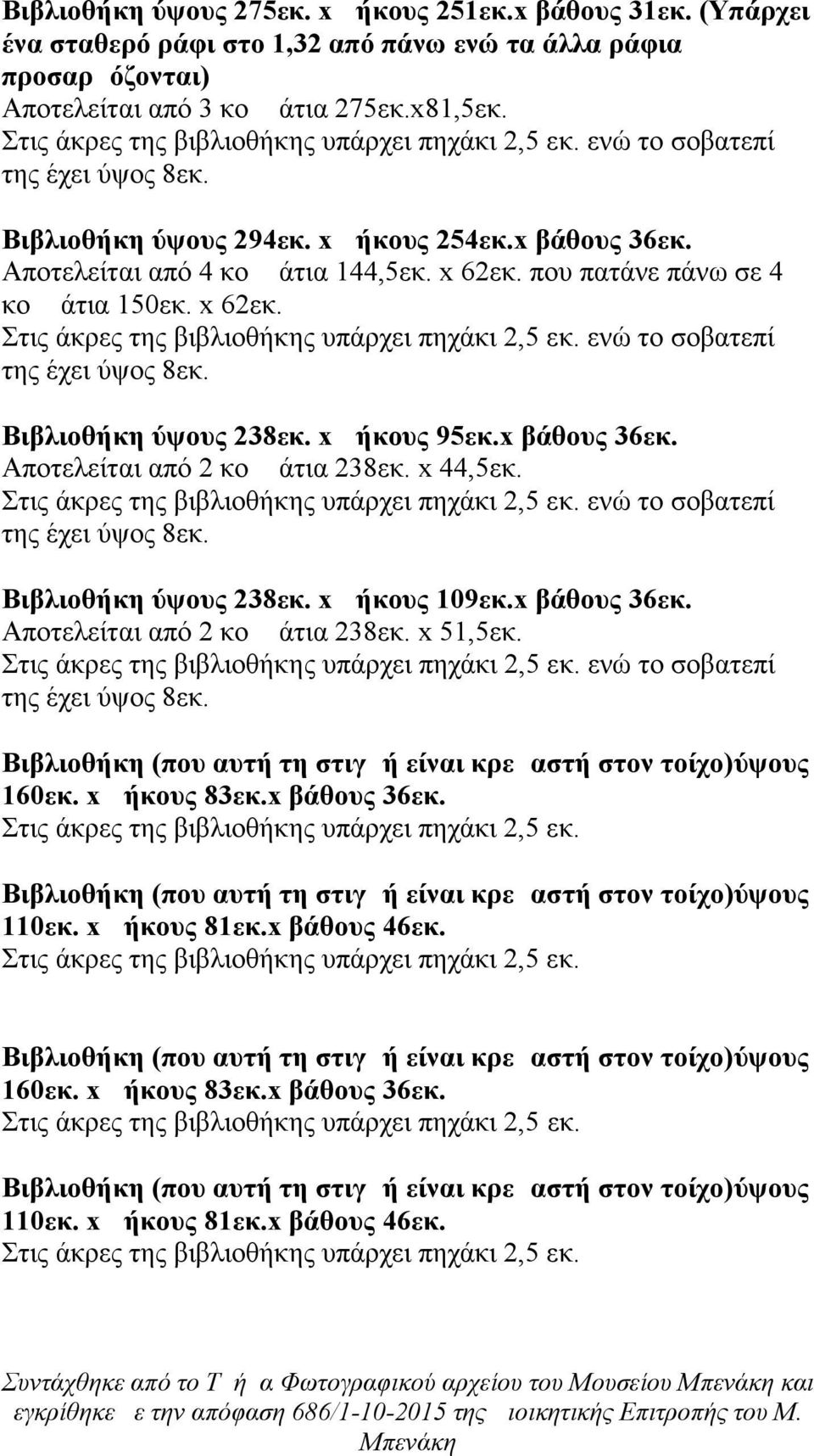 x 44,5εκ. Βιβλιοθήκη ύψους 238εκ. x μήκους 109εκ.x βάθους 36εκ. Αποτελείται από 2 κομμάτια 238εκ. x 51,5εκ. Βιβλιοθήκη (που αυτή τη στιγμή είναι κρεμαστή στον τοίχο)ύψους 160εκ. x μήκους 83εκ.